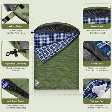 Подвійний спальний мішок AGEMORE для дорослих, бавовняна фланель, спальний мішок на 2 особи для кемпінгу в холодну погоду, розмір &quotqueen-size&quot, водонепроникний спальний мішок-ковдра з флісовою підкладкою та капюшоном, 3-4 сезони, армійський зелени