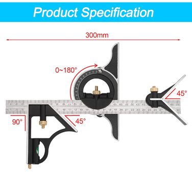 Комбінований кутовий кутник з нержавіючої сталі Регулюється за допомогою рівня та розмічальної голки для застосування під кутом 0-180 градусів 300 мм/12 дюймів