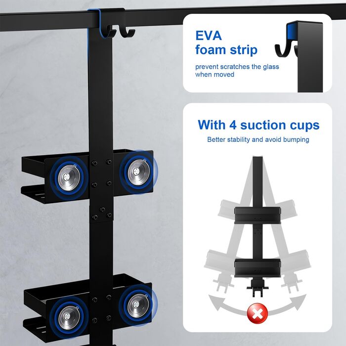 Полиця для душу без свердління, органайзер для ванної кімнати, підвісна полиця для душу для скляних дверей, тримач для шампуню, чорна полиця для ванної кімнати