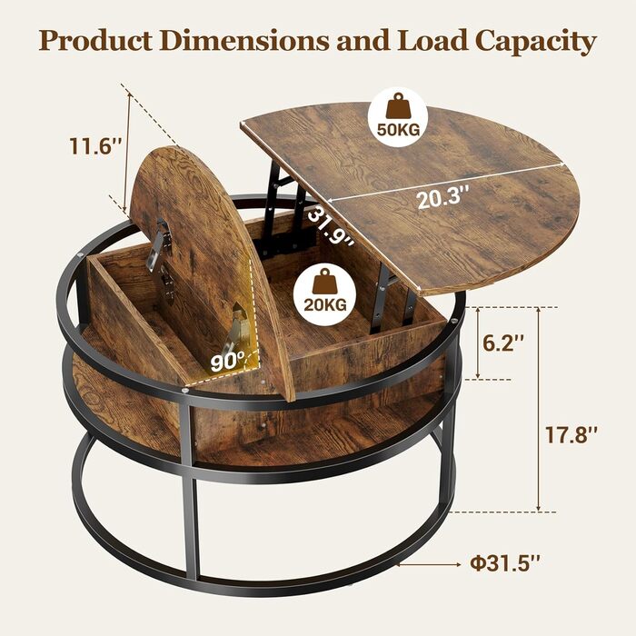 Круглий журнальний столик Dripex, діаметр 81 см, регульований по висоті бічний столик із прихованим місцем для зберігання, вітальня з підйомною стільницею, журнальний столик, дерев&39яний стіл для вітальні, офісу 80*80*47