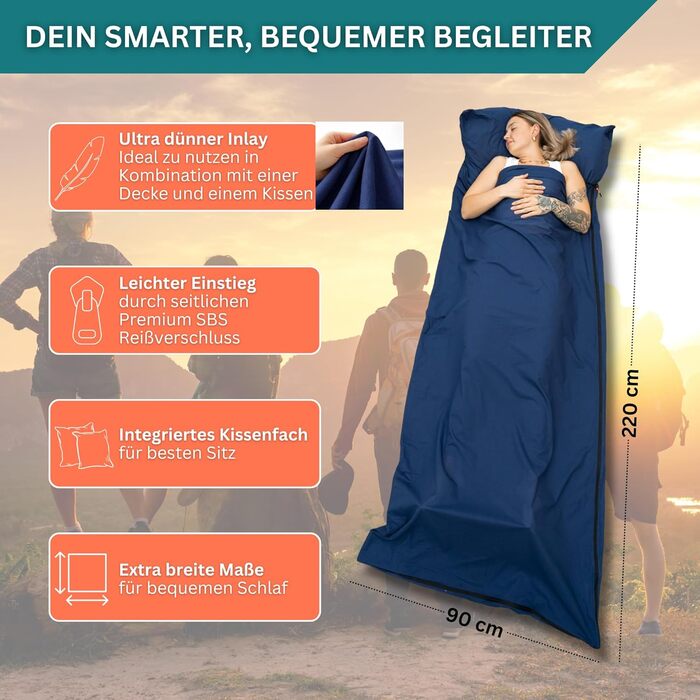 Бавовняний підклад для спального мішка - Ультралегкий та ультратонкий підклад для спального мішка без підкладки - Дорожній спальний мішок невеликого розміру, підкладка з кишенею для подушки - Компактний та маленький, темно-синій