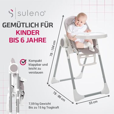 Сулено - стільчик для годування LOVIS, регульована підніжка та піднос, ремені безпеки та протиковзкий обмежувач, функція нахилу, к