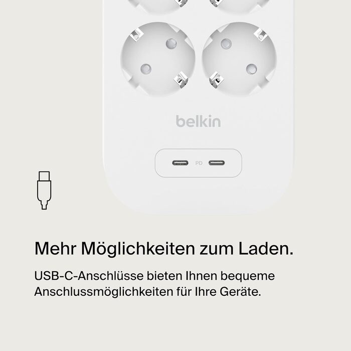 Розетковий подовжувач Belkin із захистом від перенапруги, настінний, 8 розеток, мережевий кабель 2 м, зелений індикатор, 2 порти U