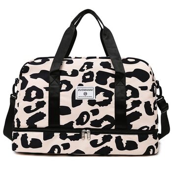 Жіноча спортивна сумка, дорожня сумка, 42,43 л, жіноча спортивна сумка для коротких поїздок з відділенням для взуття та відділенням для вологих речей, велика сумка на вихідні з зебровим та леопардовим принтом, водонепроникна, бежева, A