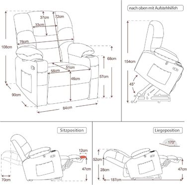 Крісло-реклайнер для телевізора M MCombo з електричним підйомником, 3 двигуни, окремо регульована спинка та підставка для ніг, крісло-реклайнер з функцією горизонтального положення до 170, регульований підголівник 7550 (шеніл, бежевий)
