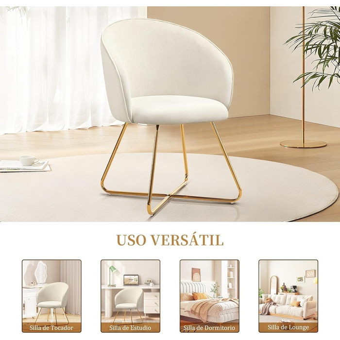 Крісло для туалетного столика Hellove із золотистими металевими ніжками, зручне оксамитове бежеве крісло для туалетного столика, просте сучасне крісло з підлокітниками, м&39яке крісло для макіяжу, вітальня, комплект з , бежевий
