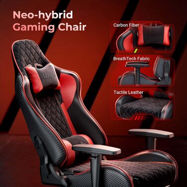 Ергономічне ігрове та офісне крісло seenda GCPro-10, безступеневе регулювання 145 з підставкою для ніг, суцільнометалевий каркас до 150 кг, 2D підлокітники, подушка для голови та попереку, чорно-сірий (чорний червоний)