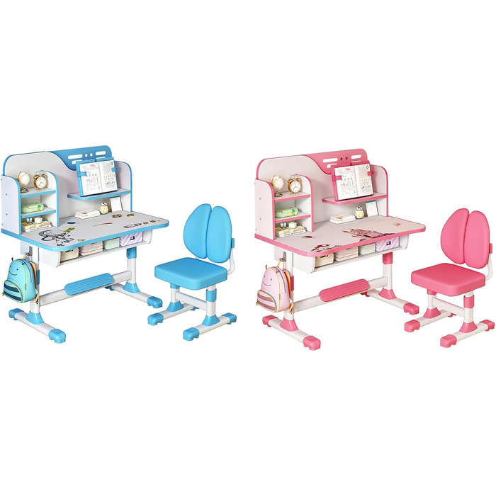 Дитячий комплект стільців для роботи з регульованою висотою з візерунком космонавта, ергономічний стілець з великою дошкою для письма, книжковою полицею та шухлядою, синій, комплект з 2 предметів
