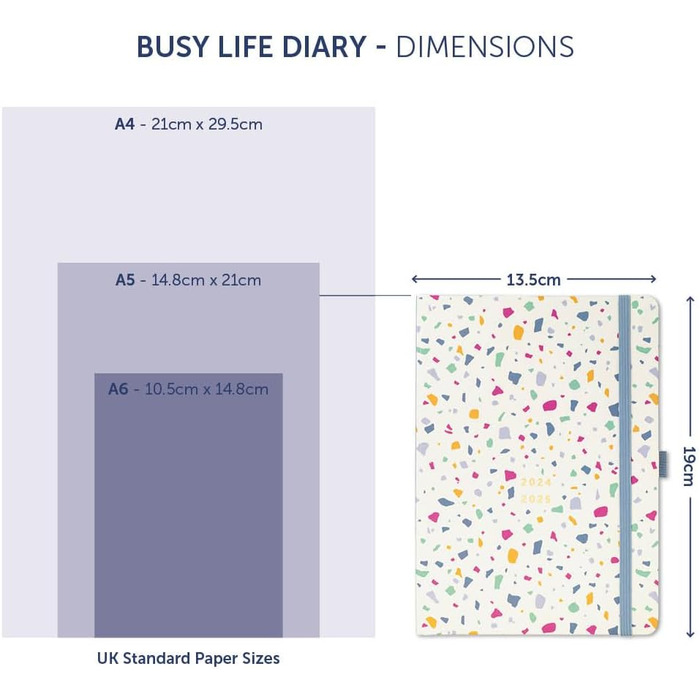 Щоденник зайнятого життя в середині року з серпня 2024 по серпень 2025 року - Terrazzo - Щоденник А5 кишенькового розміру з тримачем для ручок, еластичною застібкою та відкритими кишенями