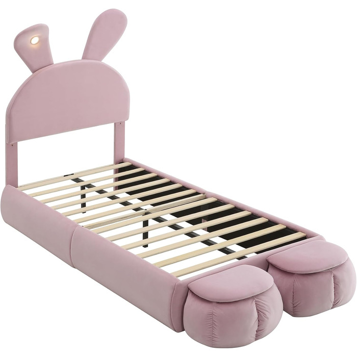М&39яке ліжко 90x200 см, дитяче ліжко з 2 табуретами для зберігання речей та світлодіодним приліжковим освітленням, розкладні вушка зайчика, каркас ліжка зі світлодіодним освітленням для дівчаток, дитяче ліжко з рейковою основою, оксамит, рожевий, без мат