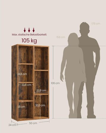 Книжкова шафа VASAGLE, книжкова полиця, з 7 відділеннями, офісна полиця, кубічна полиця, окремостояча полиця, для вітальні, спальні, офісу, дитячої кімнати, вінтажний коричневий LBC27BX Вінтажний коричневий 7 відділень (24Г x 50Ш x 106В см)