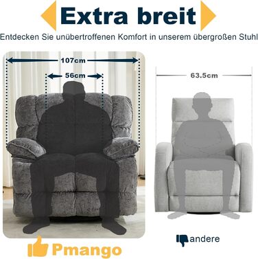 Крісло-гойдалка з функцією відкидання та гойдання, надзвичайно велике електричне крісло для телевізора, надзвичайно широке поворотне крісло-гойдалка, електрично регульований кут нахилу 90-140, порти USB та Type-C, сірий