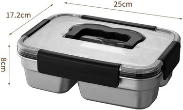 Ланчбокс з нержавіючої сталі, 1800 мл, з ручкою, герметичний, 3 відділення, придатний для використання в мікрохвильовій печі, контейнер для їжі для роботи, школи або пікніків (чорний)