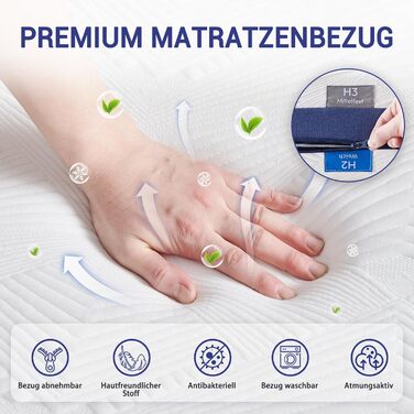 Матрац 90x200 см, висота 18 см, ортопедичний 7-зонний матрац з холодної піни, 2 рівні жорсткості в 1 середня/жорстка (H2 та H3), сертифікований Oeko-Tex, ергономічний матрац, що згортається в рулон, 90x200x18 см