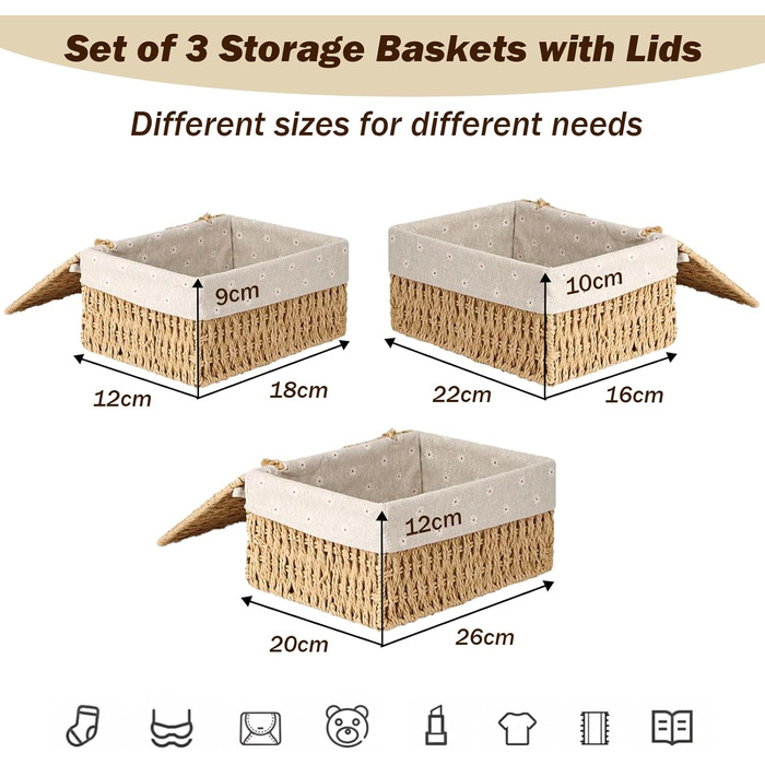 Набір із 3 кошиків для зберігання з кришками плетені кошики з паперової мотузки, 3 розміри, з підкладкою, кошики в стилі бохо для ванної кімнати, іграшок, вітальні та спальні.