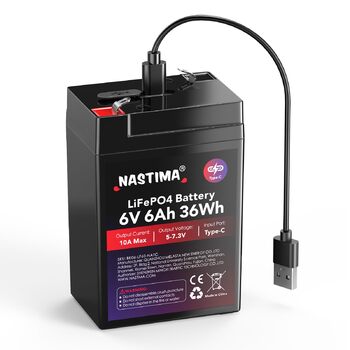 Акумуляторна батарея NASTIMA 6V 6Ah 36Wh LiFePO4 із захистом BMS та 2000 циклами глибокого розряду/розрядки, що не потребує обслуговування, зарядка через роз&39єм Type-C, підходить для аварійного освітлення, дитячих іграшкових машинок, моторних човнів, ке