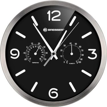 Настінний радіокерований годинник Bresser MyTime ND Thermo-Hygro з безшумним радіокерованим механізмом, рамою з нержавіючої сталі