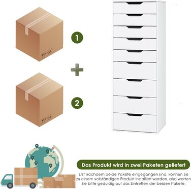 Білий комод з 9 шухлядами, вузький комод, високий комод для спальні, вітальні, офісу, коридору, 45 x 40 x 124 см