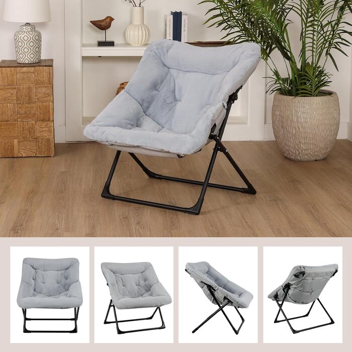Розкладне крісло-блюдце, зручне крісло зі штучним хутром, розкладне крісло для відпочинку для підлітків та дорослих, великі крісла для читання у вітальні, спальні, гуртожитку, сірий