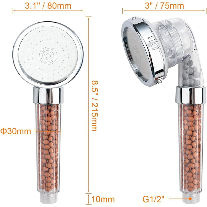 Душова лійка з фільтром Економна ручна душова лійка високого тиску з 3 режимами струменя, 3-шаровою фільтрацією від хлору, бактерій та вапняного нальоту, функцією анти-накип, хром Для жорсткої води, M22025 Срібло