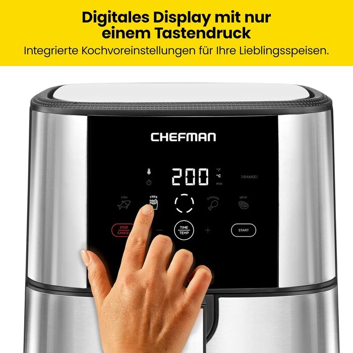 Сенсорна фритюрниця Chefman TurboFry, сімейний розмір 4.75 л, попередні налаштування цифрового керування одним дотиком, картопля фрі, курка, м'ясо, риба, можна мити в посудомийній машині, автоматичне вимкнення, нержавіюча сталь DE 4.75 л