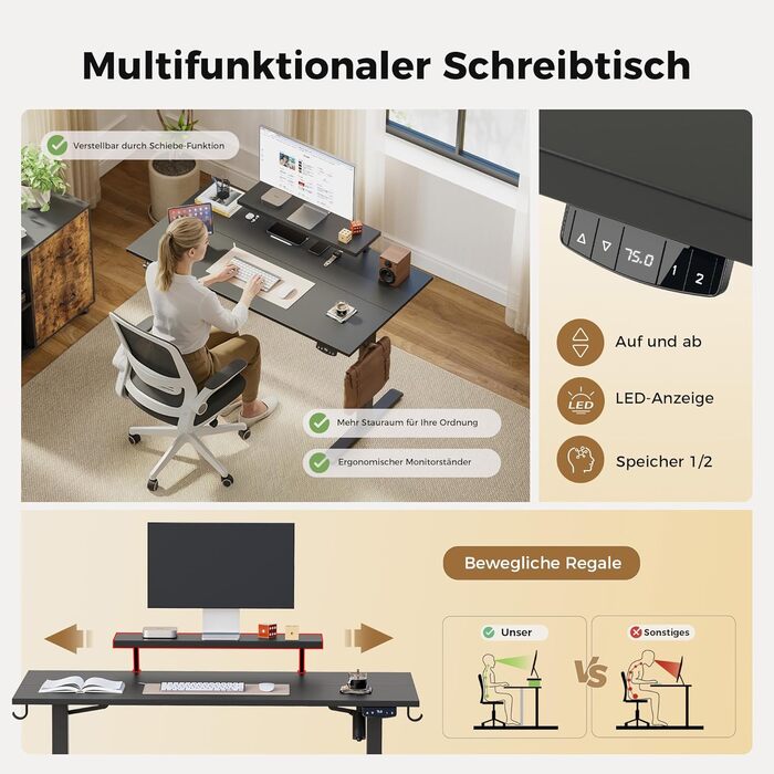 Електрично регульований по висоті стіл Agilestic, 100 x 60 см з рухомою підставкою для монітора, стіл для роботи стоячи з 2 кнопками пам&39яті, 2-секційна стільниця, стіл для домашнього офісу, чорний 100 x 60 см