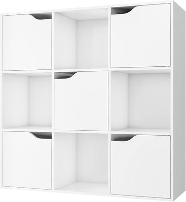 Книжкова полиця FirFurd, біла полиця, книжкова шафа з 5 дверцятами та 9 відділеннями, полиця для зберігання, офісна полиця для вітальні/кабінету, 90 x 29 x 90 см