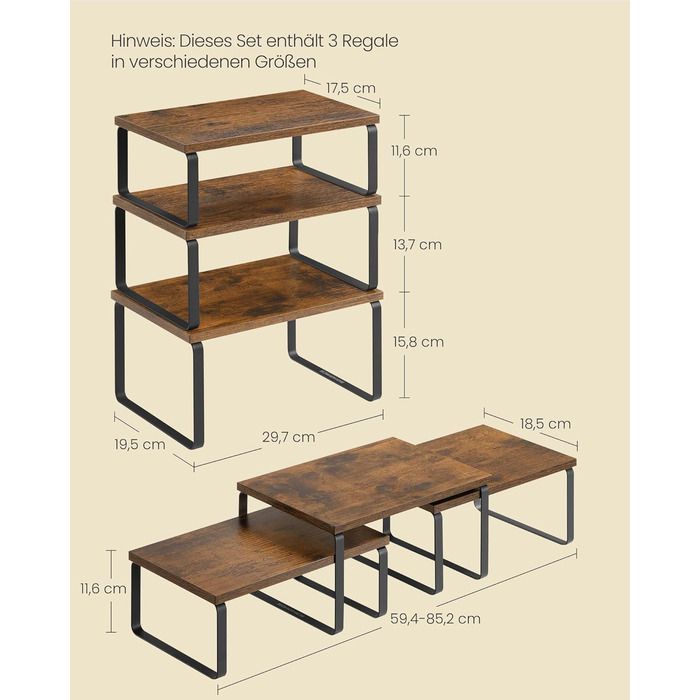 Стійка для спецій, набір із 3 кухонних органайзерів, штабелюється, розширюється, композитний метал та дерево, вінтажний коричнево-матово-чорний KCS220K02 19,5 Г x 29,7 Ш x 15,8 В см, білосніжно-білий матово-білий