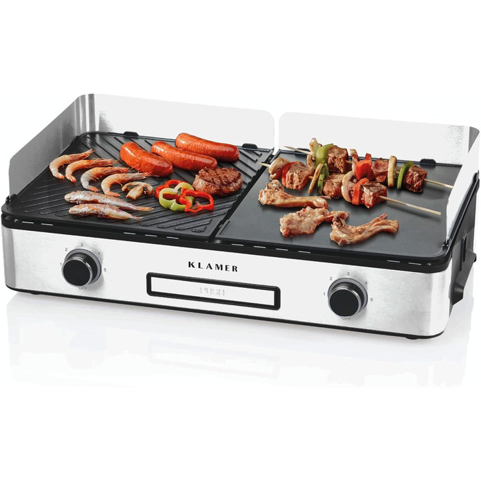 Електричний гриль KLAMER, подвійні пластини з антипригарним покриттям і знімними, роздільне налаштування температури, 5 рівнів гриля, із захистом від вітру/бризок і піддоном для крапель