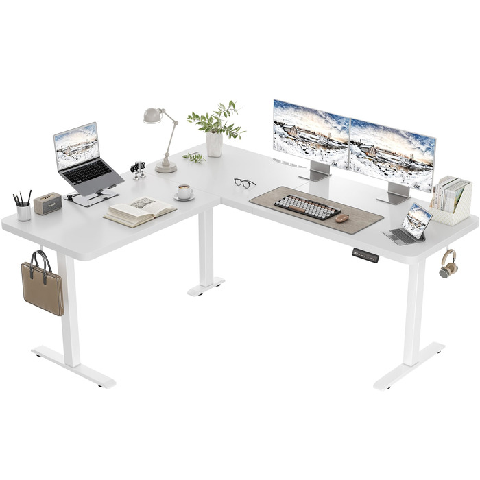 Г-подібний стіл з регульованою висотою, електричним керуванням та 3 налаштуваннями пам&39яті, кутовий стіл 160 x 140 см з органайзером для кабелів та гачками, ергономічний комп&39ютерний стіл, білий, 160 x 140 см