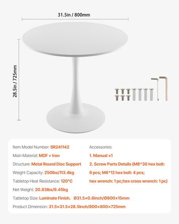 Круглий обідній стіл VEVOR, Кухонний стіл, Дерев&39яний стіл (80 см / вантажопідйомність 113,4 кг) для 2-4 осіб, Сучасні офісні столи з основою у формі тюльпана, для кухні, дому, вітальні, білий (лише стіл)