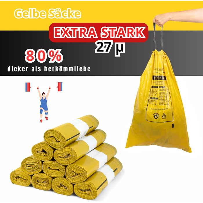 Надзвичайно міцний жовтий мішок 27 мкм, 5 рулонів жовтих мішків, 90 літрів, (найміцніший) - мішок для переробки, що відповідає вимогам DSD (5)