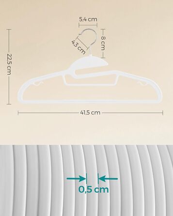 Набір з 50 пластикових вішалок для одягу, U-подібний отвір, компактні, товщина 0,5 см, ширина 41,5 см, гачок, що обертається на 360, білий, CRP041W05 Білий 50 шт.