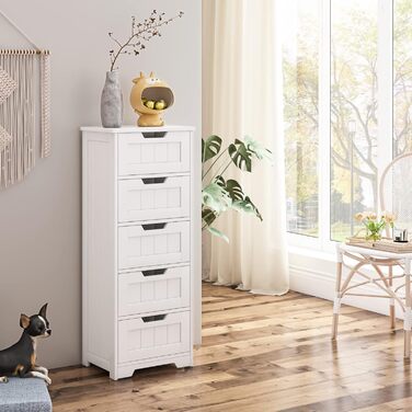 Вузька шафка для ванної кімнати заввишки 102 см, бічна шафка завширшки 40 см з 5 шухлядами, для ванної кімнати, коридору, вітальні, їдальні, 40x30x102 см (ШxГxВ), білий