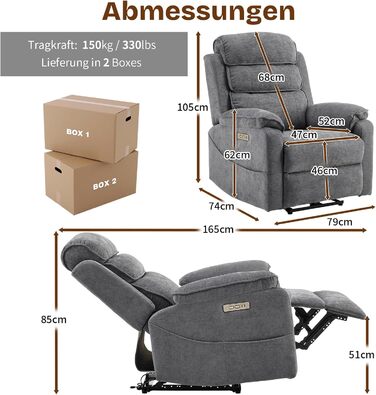 Крісло-реклайнер для телевізора LEADZM з бездротовою зарядкою, 1 порт USB, 1 порт зарядки USB-C, розкладне крісло для телевізора з масажем та підігрівом, бічні кишені, підсклянник (темно-сірий)
