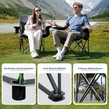Складане кемпінгове крісло, вантажопідйомність 200 кг, з тримачем для напоїв та сумкою-холодильником, складне кемпінгове крісло, складне рибальське крісло з високою спинкою, чорне