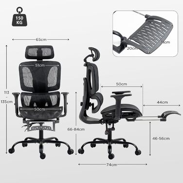 Ергономічне офісне крісло EROMMY з підставкою для ніг 3D-підголівник та регульовані підлокітники Регульоване по висоті робоче крісло з поперековою опорою Поворотне крісло з дихаючої сітки для домашнього офісу та ігор