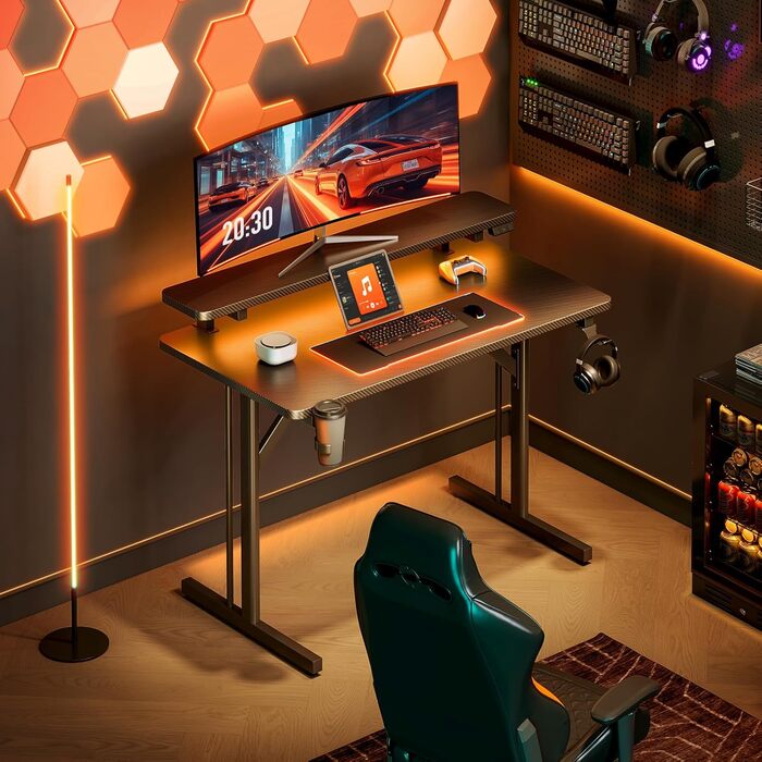 Ігровий стіл ODK, Невеликий ігровий стіл зі світлодіодним освітленням, Комп&39ютерний стіл 80 см з полицею для монітора, Чорний стіл для ПК з вуглецевого волокна 80 см