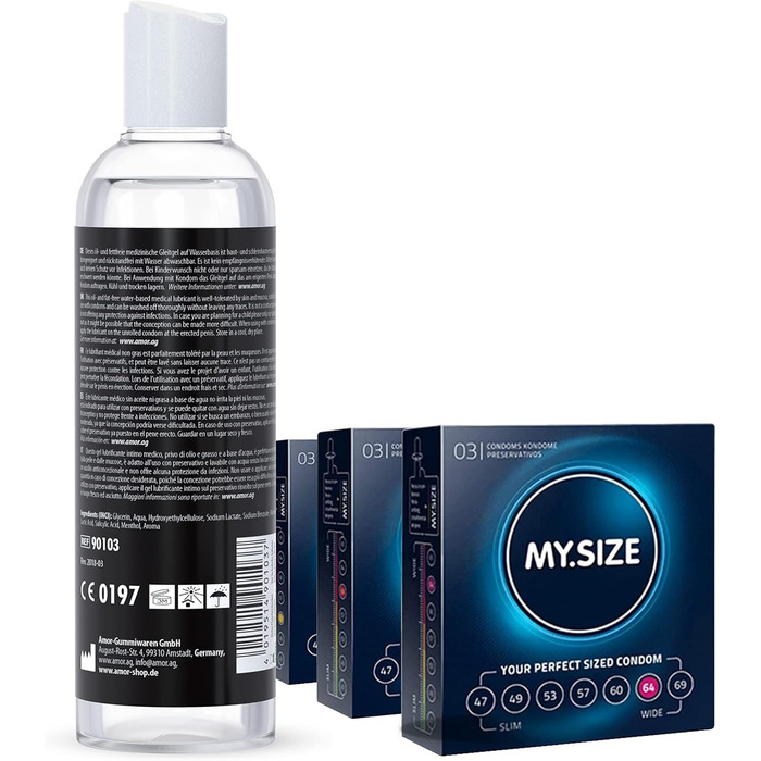 Презервативи Vibratissimo Play Gel все в одному 250 мл та MY.SIZE, 3 шт. Зігрівальний, поколюючий та стимулюючий оргазм лубрикант Зволожувальний матеріал на водній основі та презервативи шириною 57, 60, 64 мм, 250 мл () Набір (все в одному презервативи My