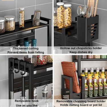 Стелаж для спецій Devesanter, 3 яруси, кухонна стійка для банок для спецій великої місткості, металевий органайзер для стільниці з тримачем для посуду, тримач для обробної дошки, з 6 гачками, чорний