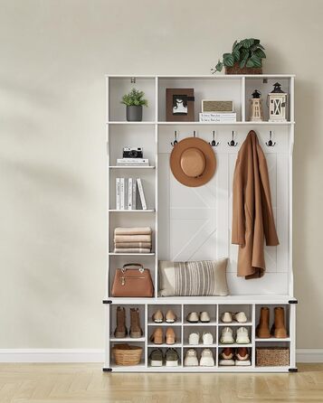 Вішалка для одягу, Шафа, Меблі для входу з полицею для взуття, Регульовані полиці, 20 відкритих відділень, 6 потрійних гачків, Сільський стиль, Окремостояча, Для вхідної зони, Коридор, Хмарно-білий HSR440W03