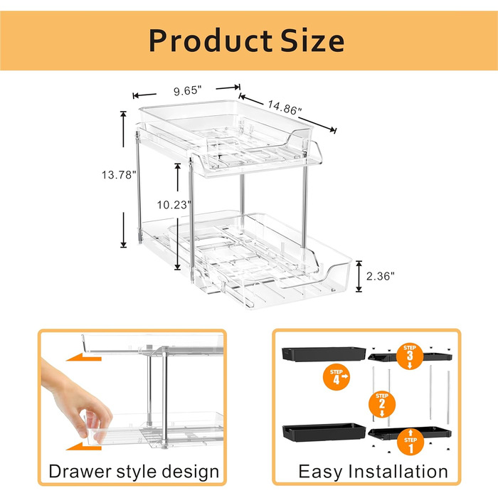 Органайзер під раковину, 2 шт. и, прозорий, велика місткість, велике навантаження, висувна полиця під раковину, з 2 полицями, вису