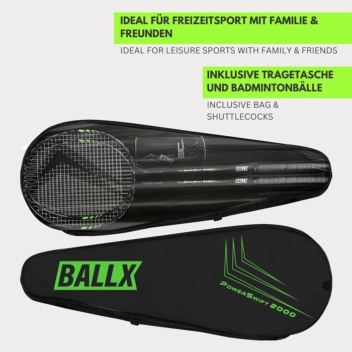 Набір ракеток для бадмінтону BALLX з 2 шт. ВКЛЮЧАЮЧИ ВОЛАНИ ТА СУМКУ - Набір для бадмінтону для відпочинку - Набір ракеток - Ракетки для бадмінтону та волани для дорослих - Ракетка для бадмінтону - Ракетка для бадмінтону