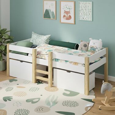 Дитяче ліжко Bellabino Aspy 90x200 см Ліжко-горище з 2 шухлядами, поручнями та рейковою основою Ліжко середнього класу з драбиною з масиву сосни білого/натурального кольору Дитяче ліжко з місцем для зберігання (матрац не входить до комплекту) Біле - з шух