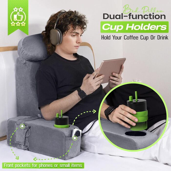 Подушка для читання для дорослих - спинка ліжка зі знімними підлокітниками, підсклянником та підсклянником для телефону - спинка подушки для комфортного сидіння в ліжку (СІРА, 53 см) Сіра 53 см