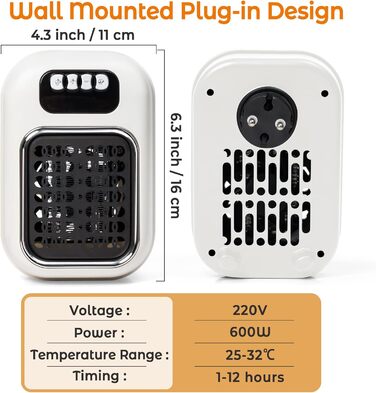 Керамічний настінний обігрівач потужністю 600 Вт з пультом дистанційного керування, керамічним нагрівальним елементом PTC, таймером 1-12 годин та світлодіодним дисплеєм, регульованим термостатом для спальні, офісу, кухні, білий