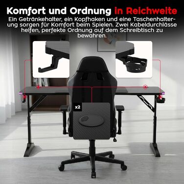 Ігровий стіл huzaro Hero 4.6 RGB - Регульована висота* - Стіл 160x60 см - Поверхня з вуглецевого волокна - Організатор кабелів - Підстаканник та тримач для навушників - ПК-стіл для офісу/домашнього офісу - Чорний RGB