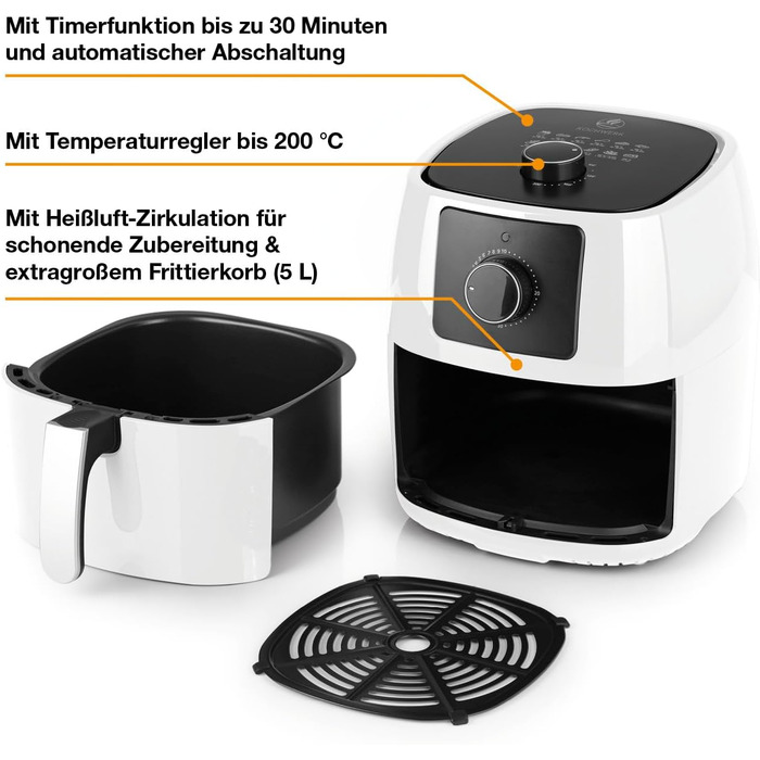 Фритюрниця KOCHWERK ємністю 5 л Смаження та точне приготування без жиру, також ідеально підходять для гриля, запікання та розігріву Можна мити в посудомийній машині та функція таймера 1400 Вт/білий