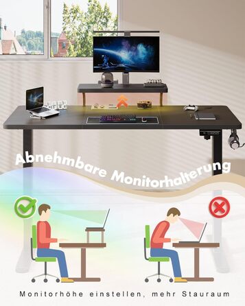 Стіл Airfish з регульованою висотою 120 x 60 см зі світлодіодним освітленням, електрично регульований по висоті стіл зі знімним кріпленням для монітора, регульований стіл для домашнього офісу та ігор, чорний 120 x 60 см