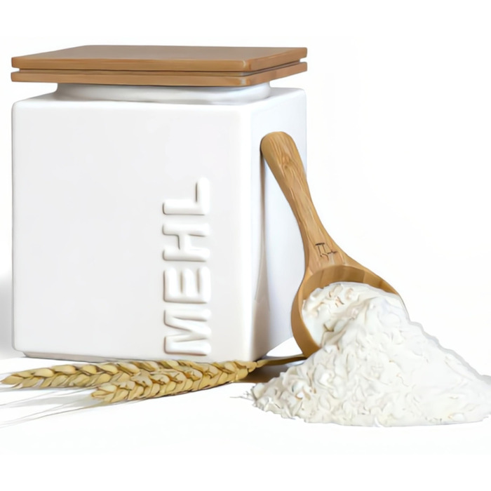 Герметичний контейнер для зберігання борошна 1 кг - Керамічний контейнер для борошна, включаючи бамбукову мірну ложку - Бамбукова кришка для тривалого зберігання - Квадратний та компактний, що штабелюється, колір борошна білий